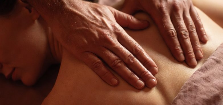 Sanfte Hände massieren den oberen Rücken bei der Physiotherapeutinnen-Massage in Hannover
