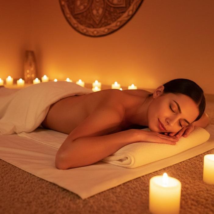 Eine entspannende Spa-Szene mit einer ruhenden Frau und Kerzenlicht -Tao-massage in Hannover Döhren