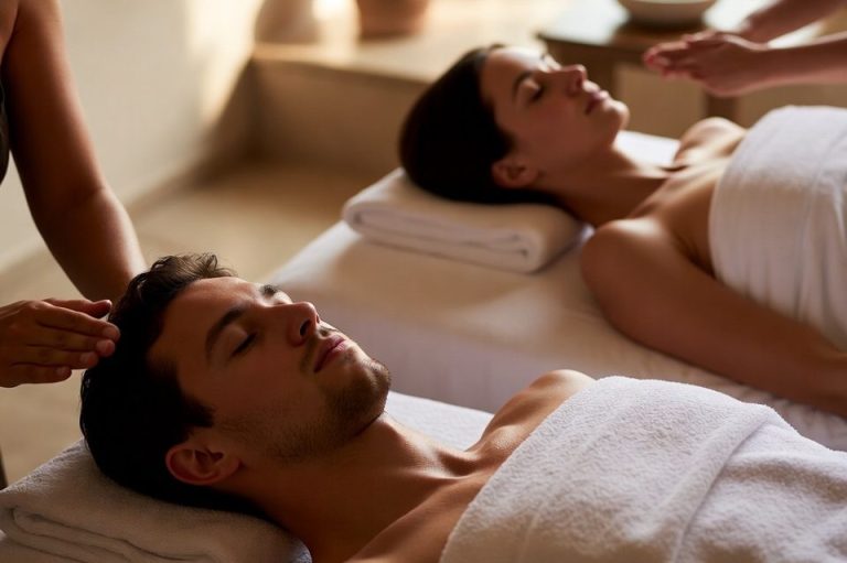 Paar erhält entspannende Massagen in einem ruhigen Spa-Ambiente.
