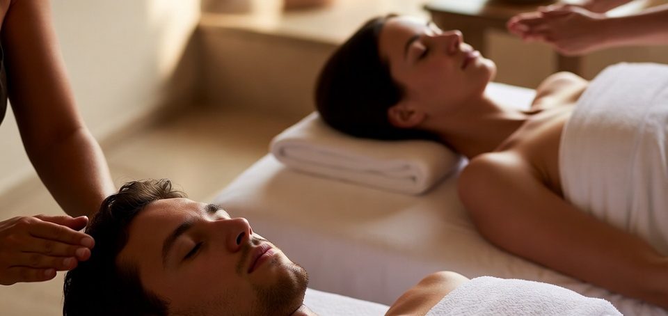 Partnermassage lernen für Paare in Hannover Paar erhält Spa-Behandlung mit Entspannungsmassage in ruhigem Ambiente.