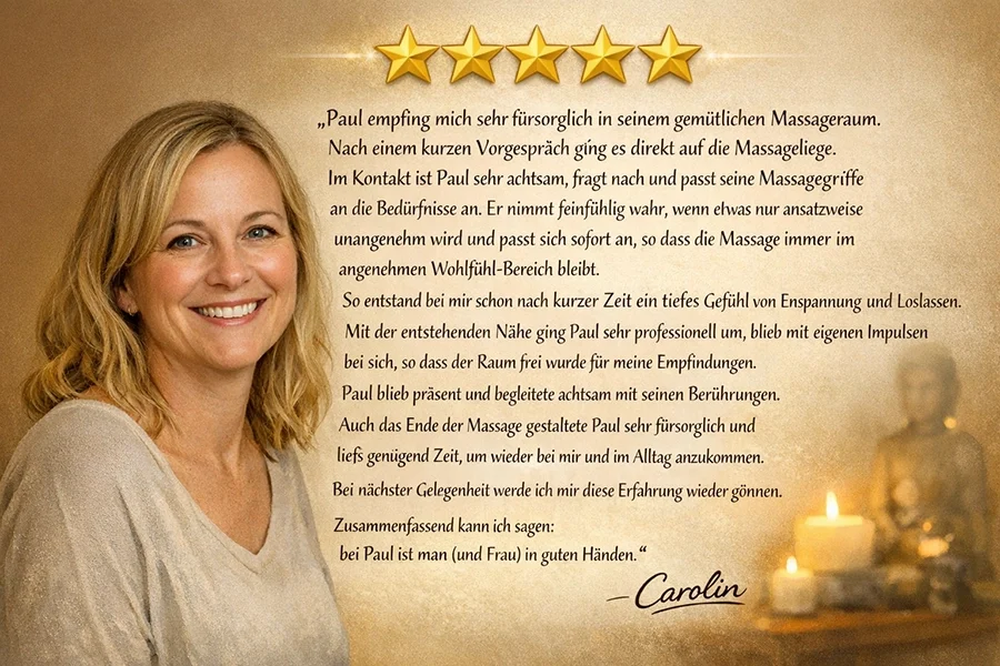 5 Sterne Kundenbewertung von Kundin über ihre entspannende Frauenmassage Erfahrung bei HannoverMassage in Hannover mit Fokus auf Achtsamkeit