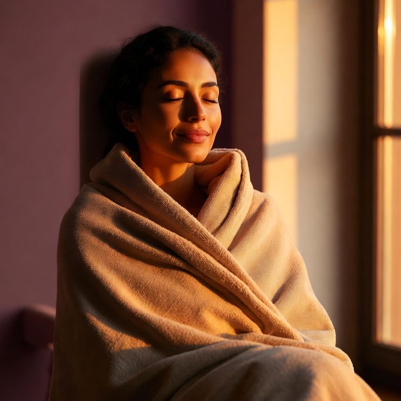 Frau sitzt eingehüllt in weiche Decke, Augen geschlossen, leichtes Lächeln. Warmes Fensterlicht. Minimalistische Spa-Atmosphäre