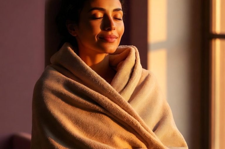 Eine Frau mit geschlossenen Augen, eingehüllt in eine Decke, die warmes Licht genießt.