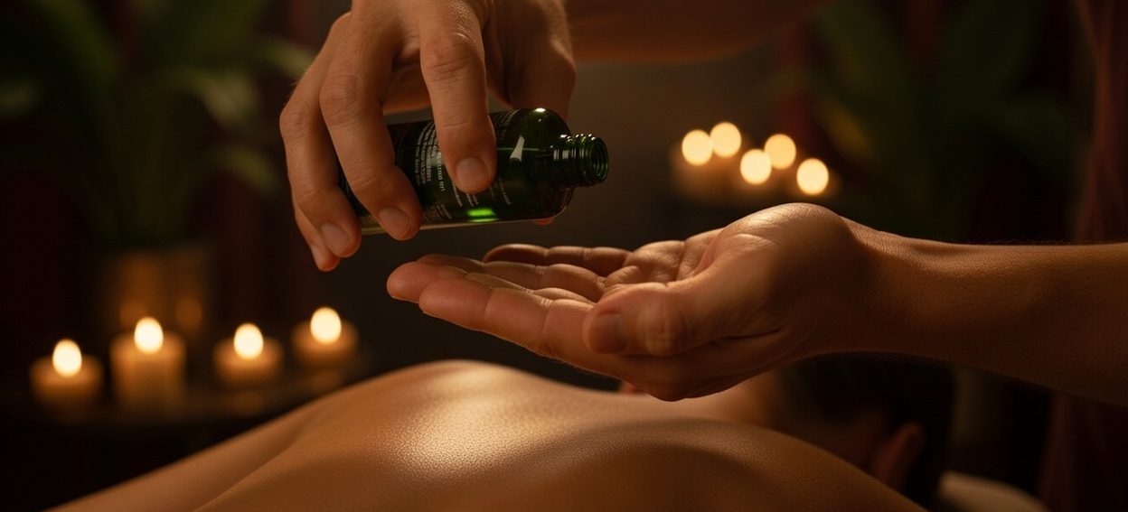 Ganzkoepermassage für Frauen in Hannover Der Masseur gießt Öl in seine Hand, bevor er eine Massage beginnt. Warm Kerzenlicht.